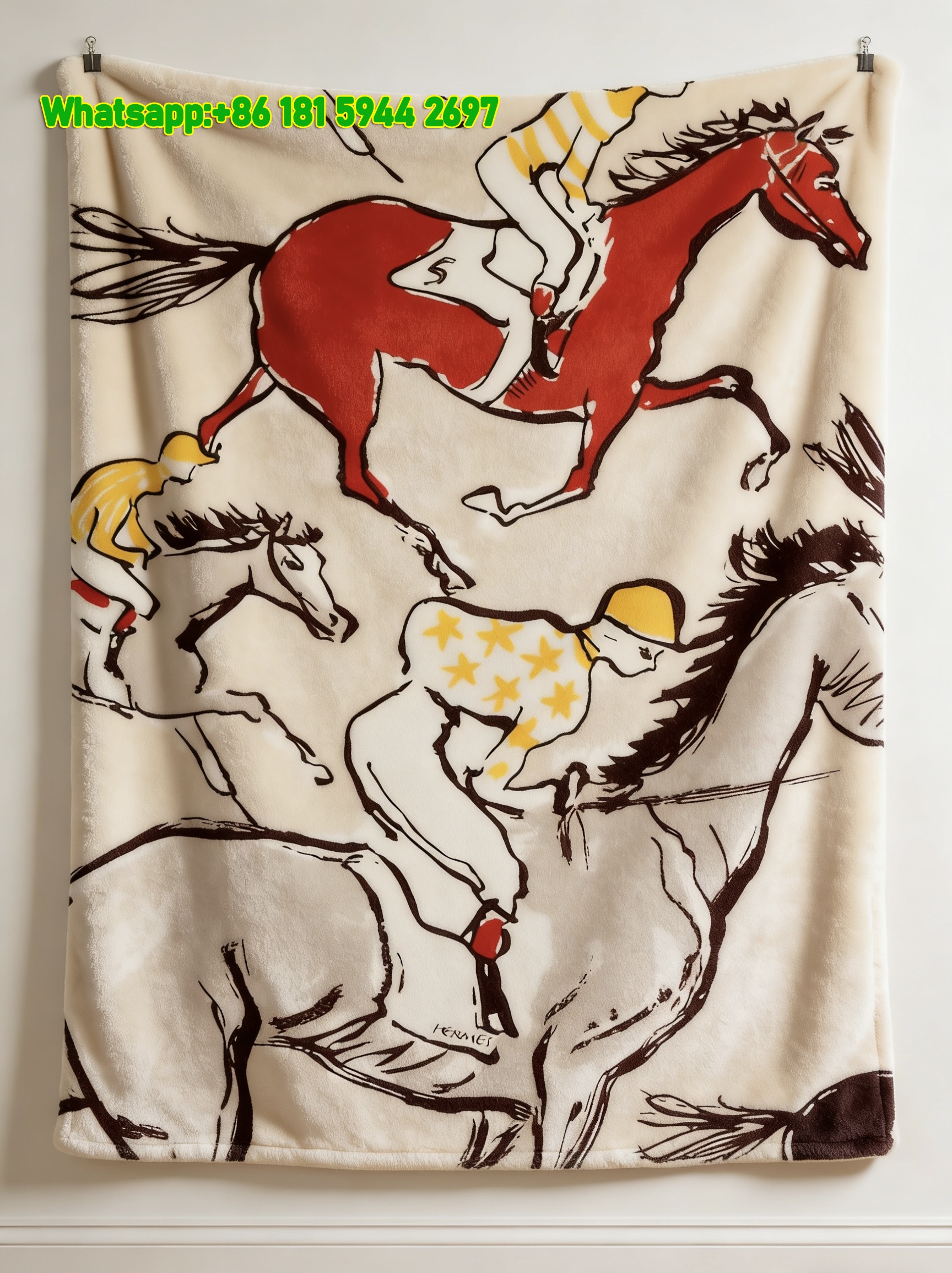 Hermès Luxury Horse Racing Jockey Print Flannel Throw Blanket IMG_5271